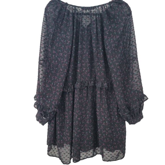 Zara Black Swiss Dot Mini Dress Womens Floral Large Ruffled Long Sleeve Witchy - Picture 2 of 12